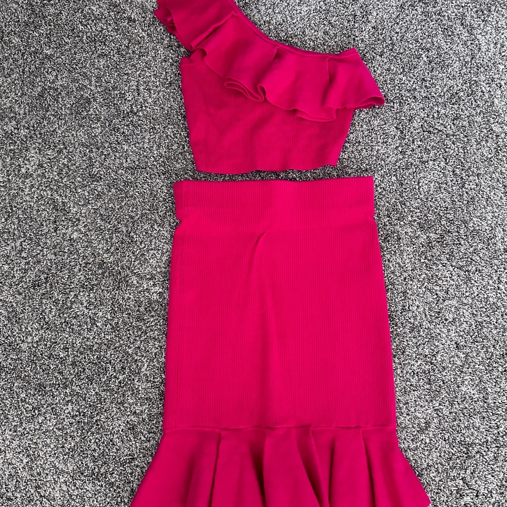 Hot pink skirt set with one shoulder top